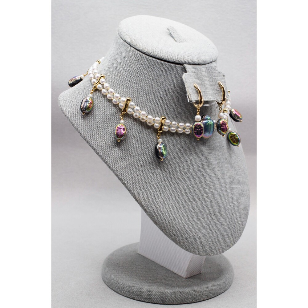 Green Scarab Layered Pearl Collar and Earrings, Egyptian inspired